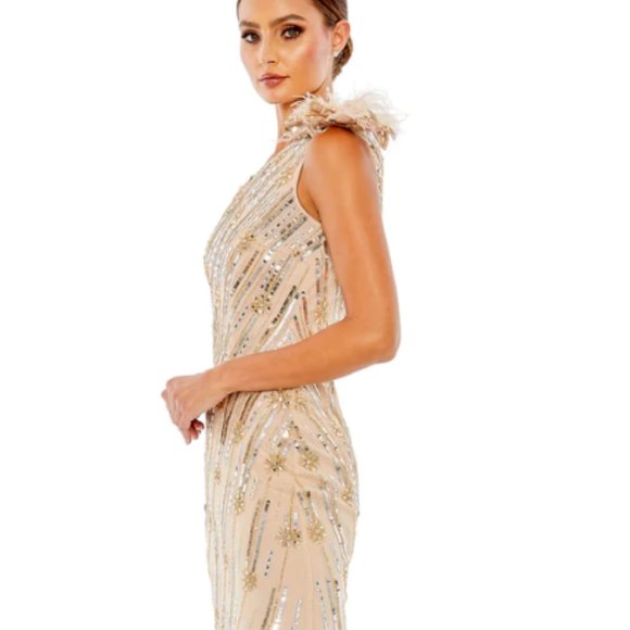 MAC DUGGAL ROSETTE SEQUIN CRYSTAL ONE SHOULDER NUDE GOLD GOWN sz 12 - Picture 3 of 8